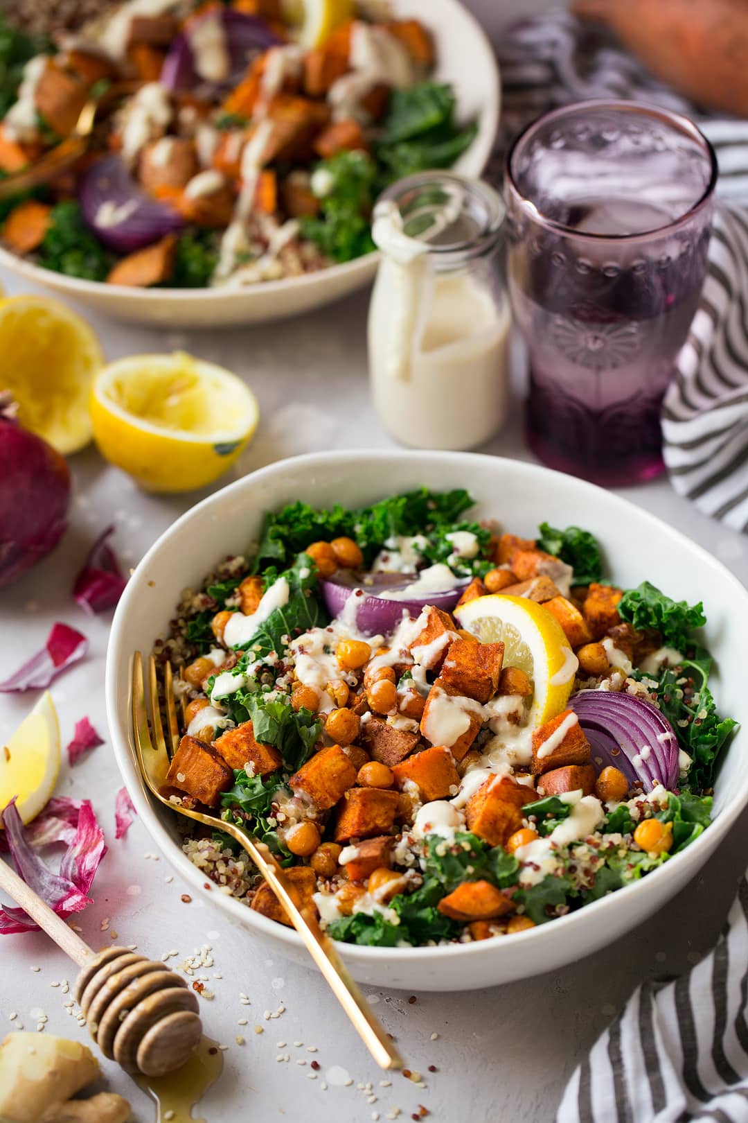 Buddha Bowl with Sweet Potatoes Chick Peas and Ginger Tahini Sauce