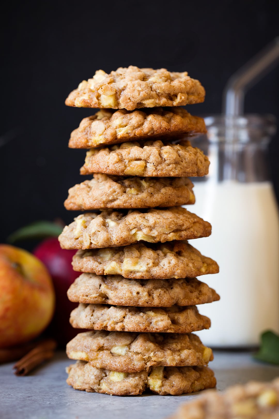 Tall stack of Apple Cinnamon Oatmeal Cookies