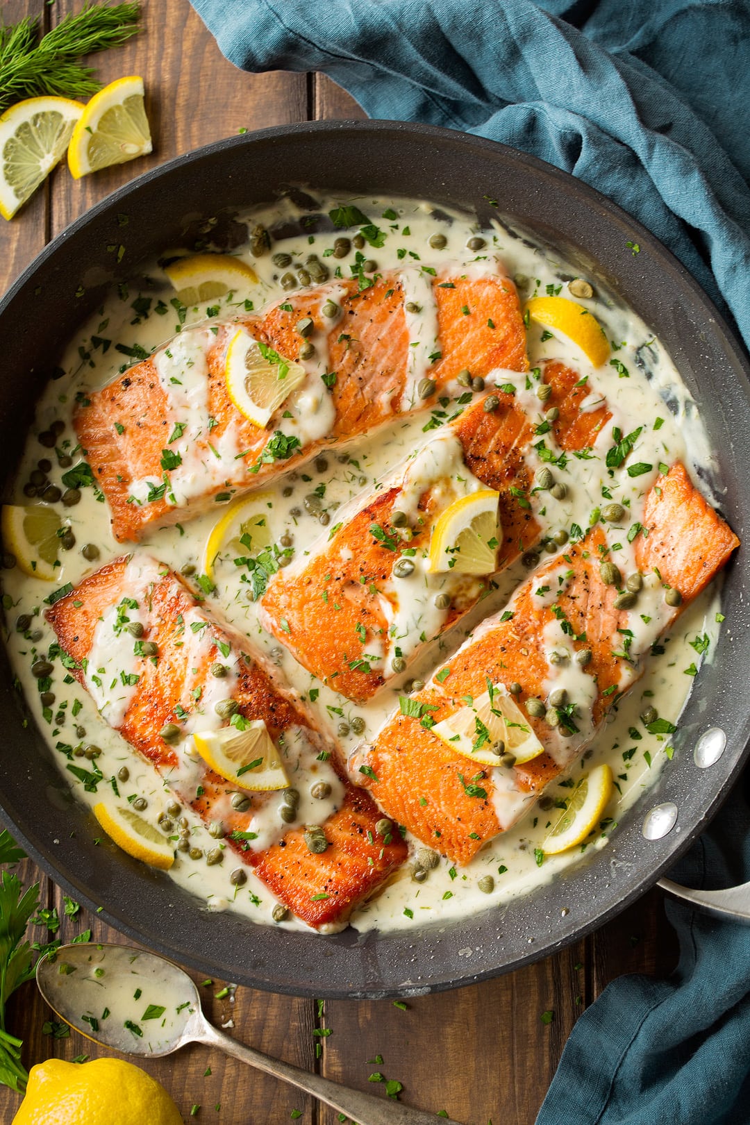 Salmon Piccata shown here in a 12-inch non-stick skillet after cooking.