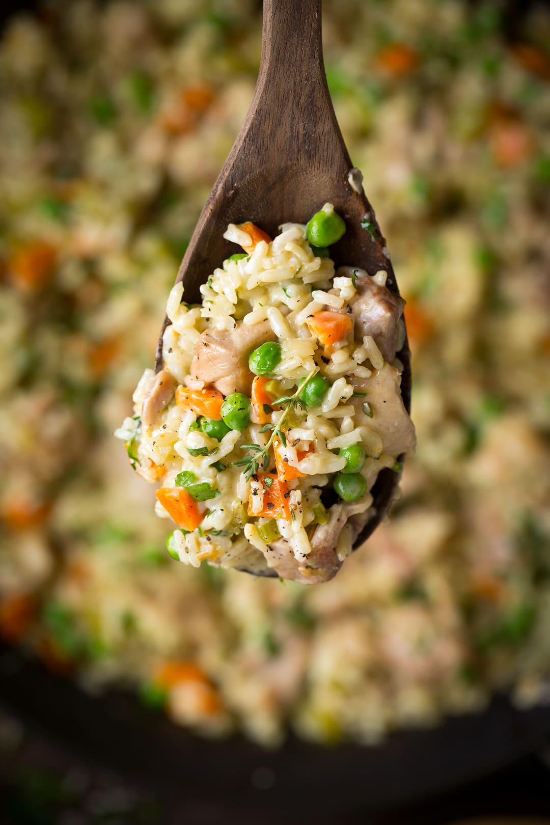 Close up image of chicken and rice on wooden serving spoon