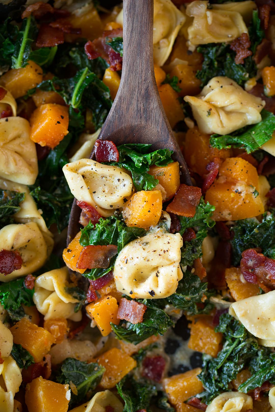 Tortellini with Butternut Squash Kale and Bacon close up image