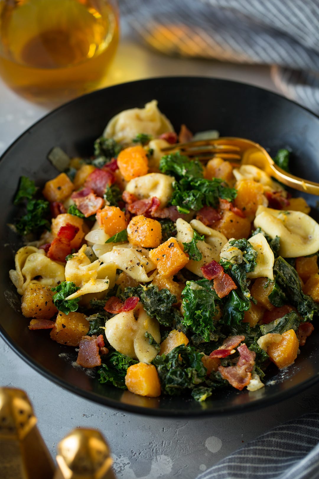 One Pan Creamy Tortellini with Butternut Squash Kale and Bacon