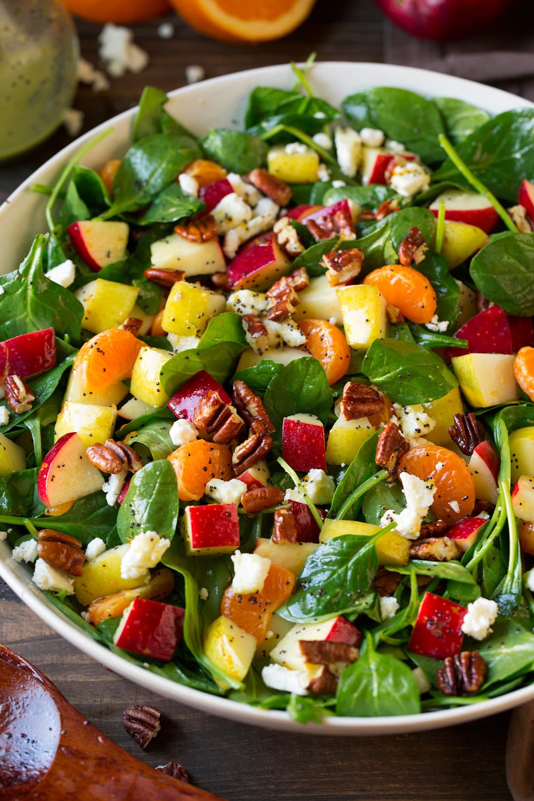 Apple Mandarin Orange Pear and Feta Spinach Salad with Orange Poppy Seed Dressing