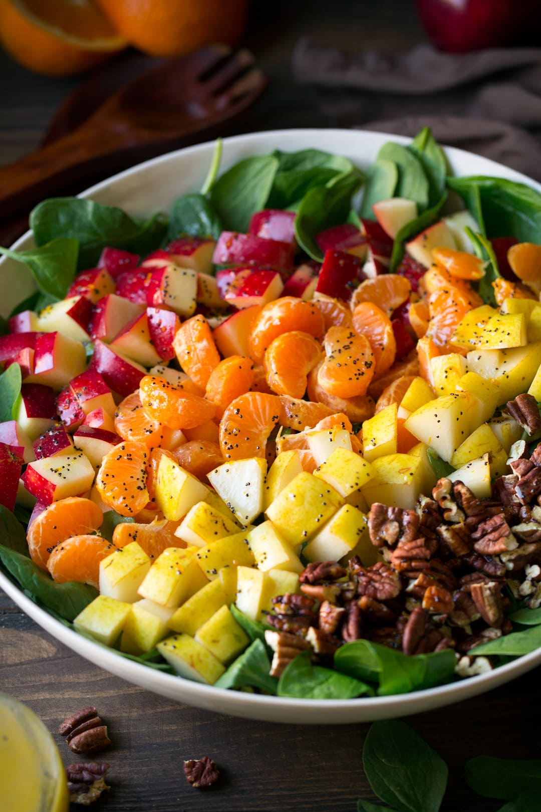 Apple Mandarin Orange Pear and Feta Spinach Salad with Orange Poppy Seed Dressing
