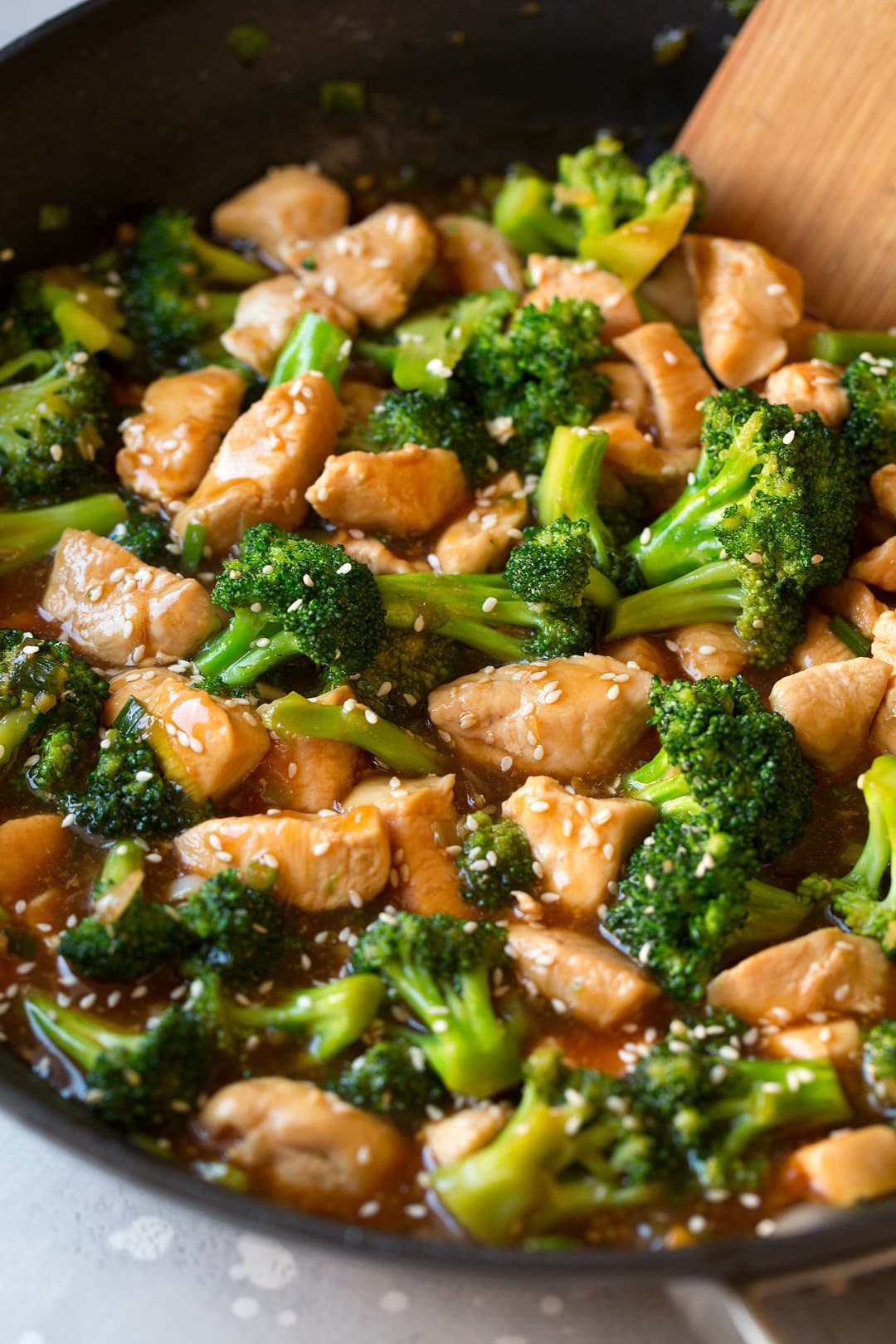 close up of chinese Chicken and Broccoli Stir Fry in skillet 