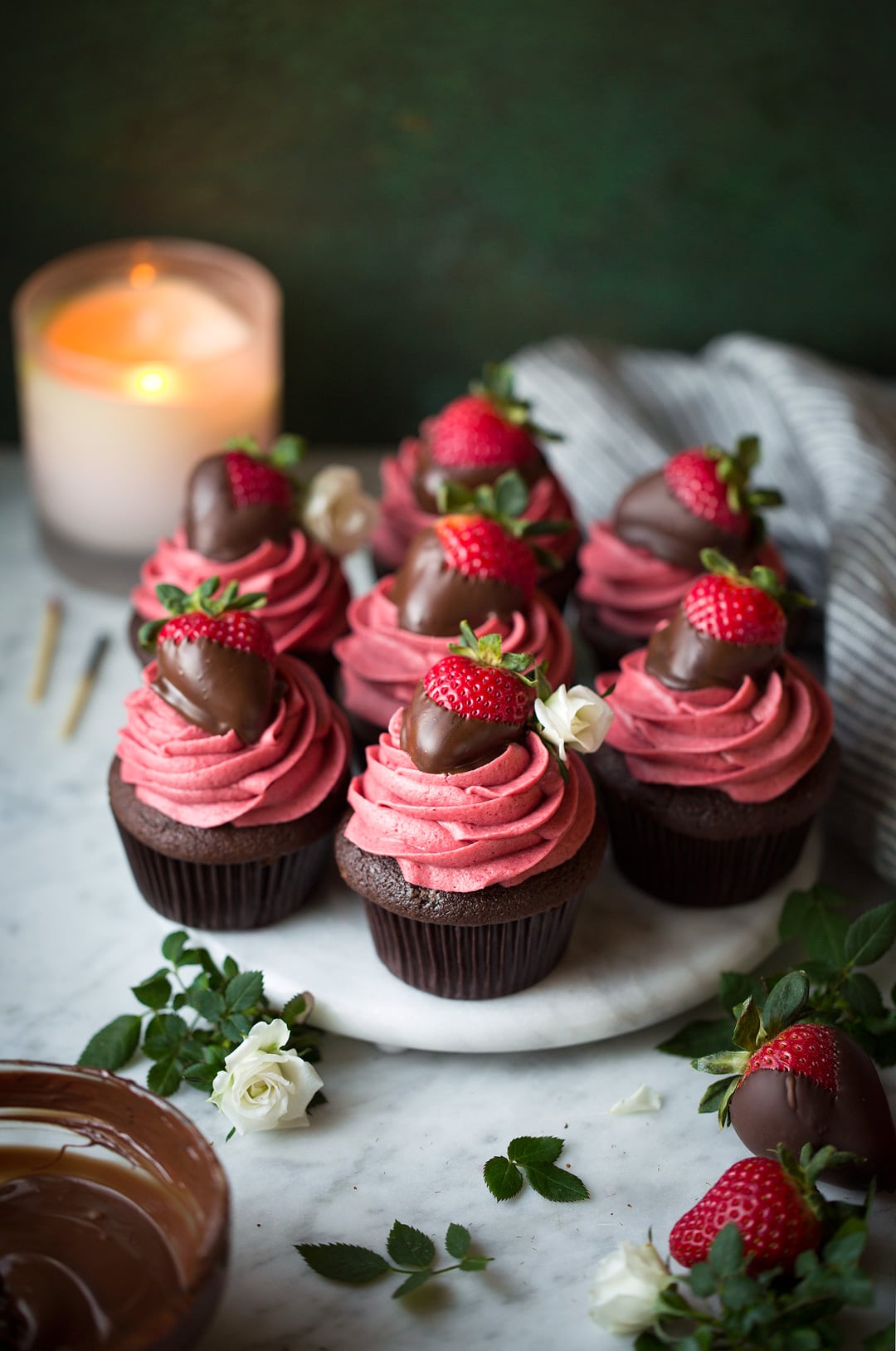 Chocolate Cupcakes with Strawberry Buttercream Frosting and Chocolate Covered Strawberries