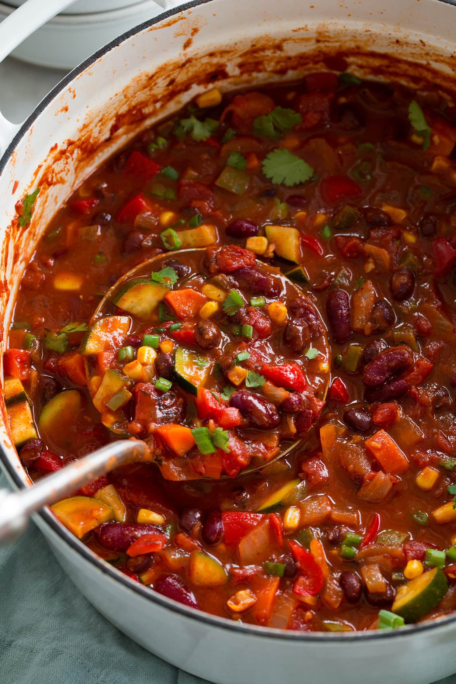 Close up photo of vegetable chili with beans in a ladle.