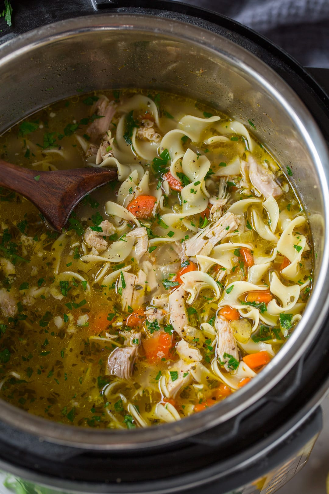 Chicken Noodle Soup shown here in an Instant Pot