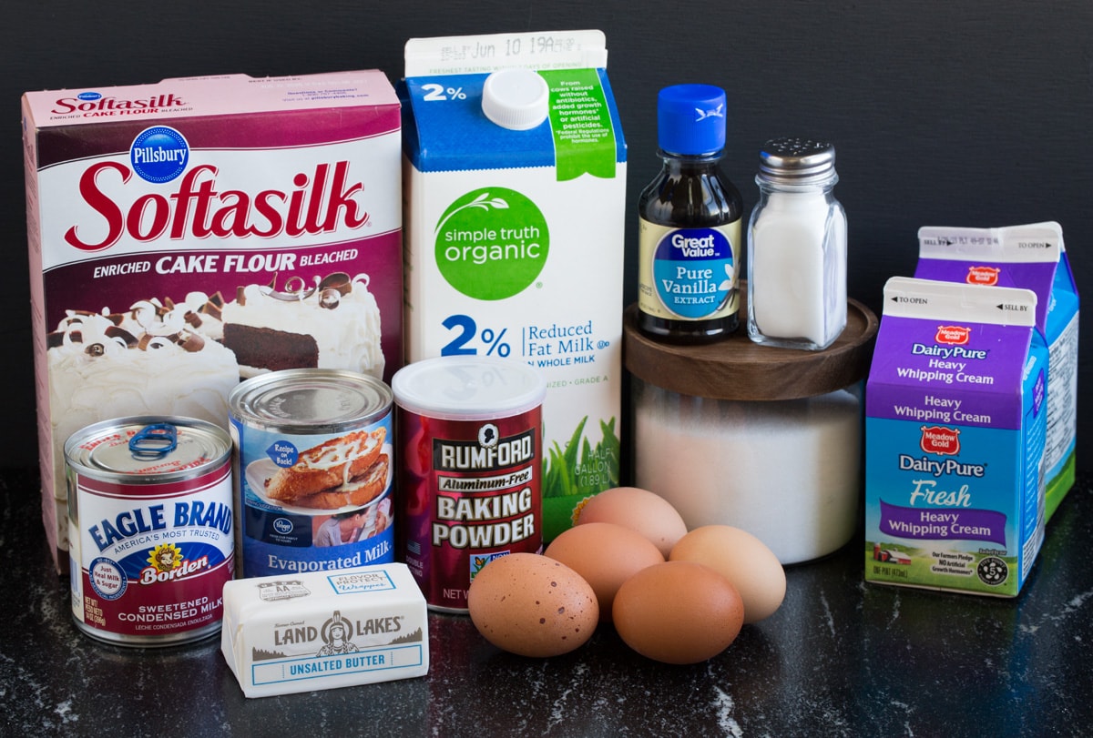Tres leches cake ingredients displayed here.