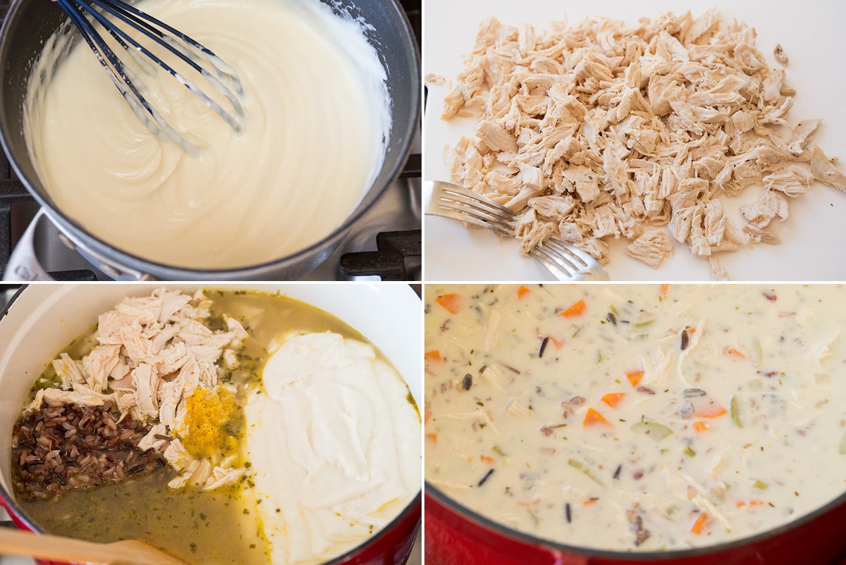 Collage of four images continued of making chicken wild rice soup. Shows finished white sauce, shredding chicken, adding final ingredients to soup and finished soup.