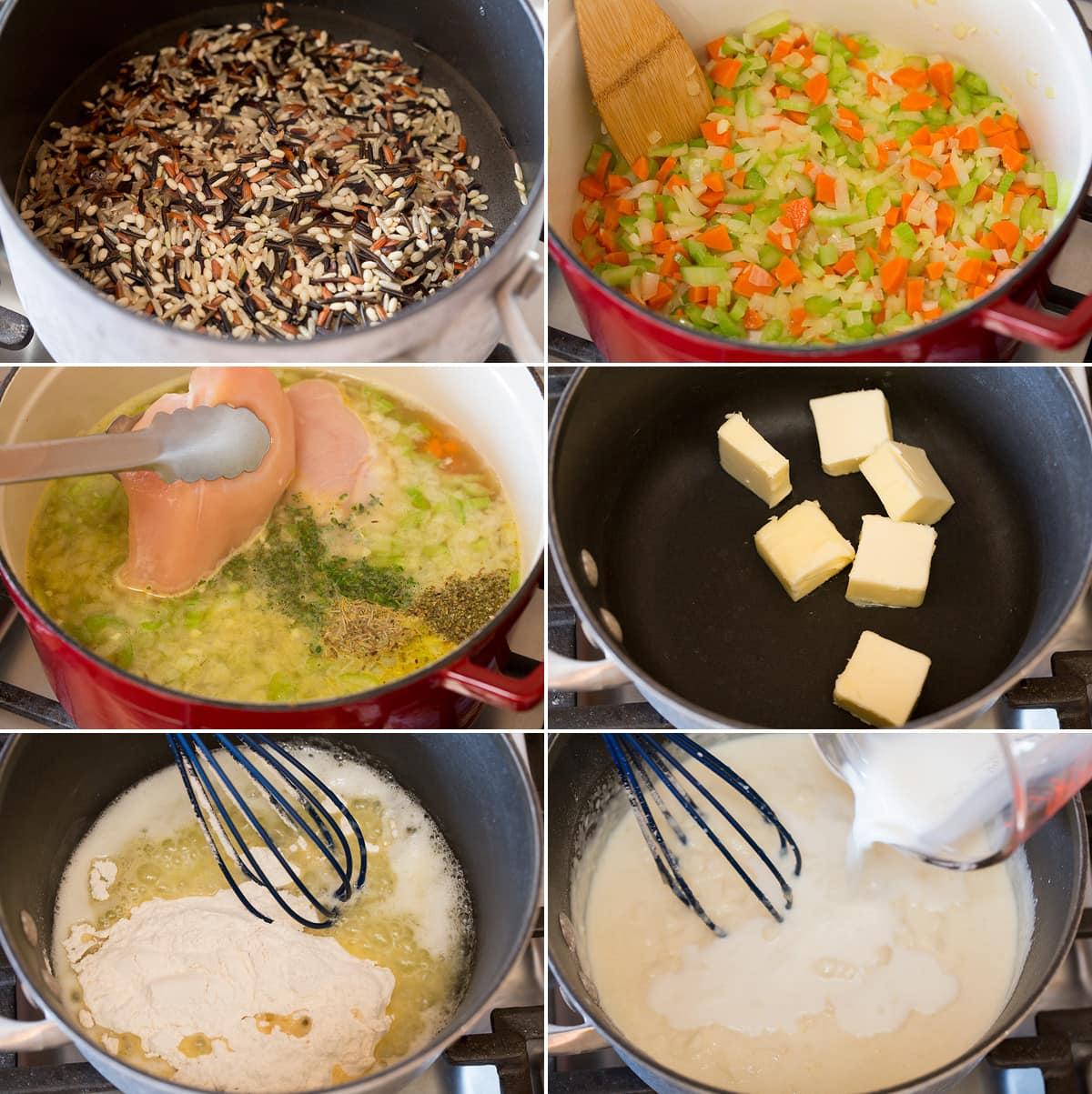 Collage of six images showing steps to preparing chicken and wild rice soup. Shows cooking wild rice separately, cooking chicken broth and herbs, then making bechemel sauce in a saucepan.