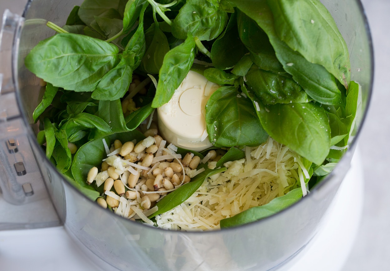 pesto ingredients in food processor for caprese skewers