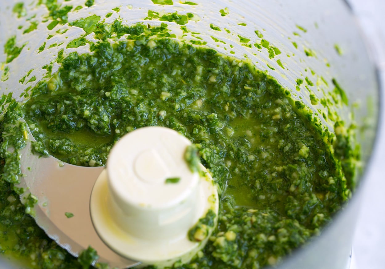 homemade pesto in food processor