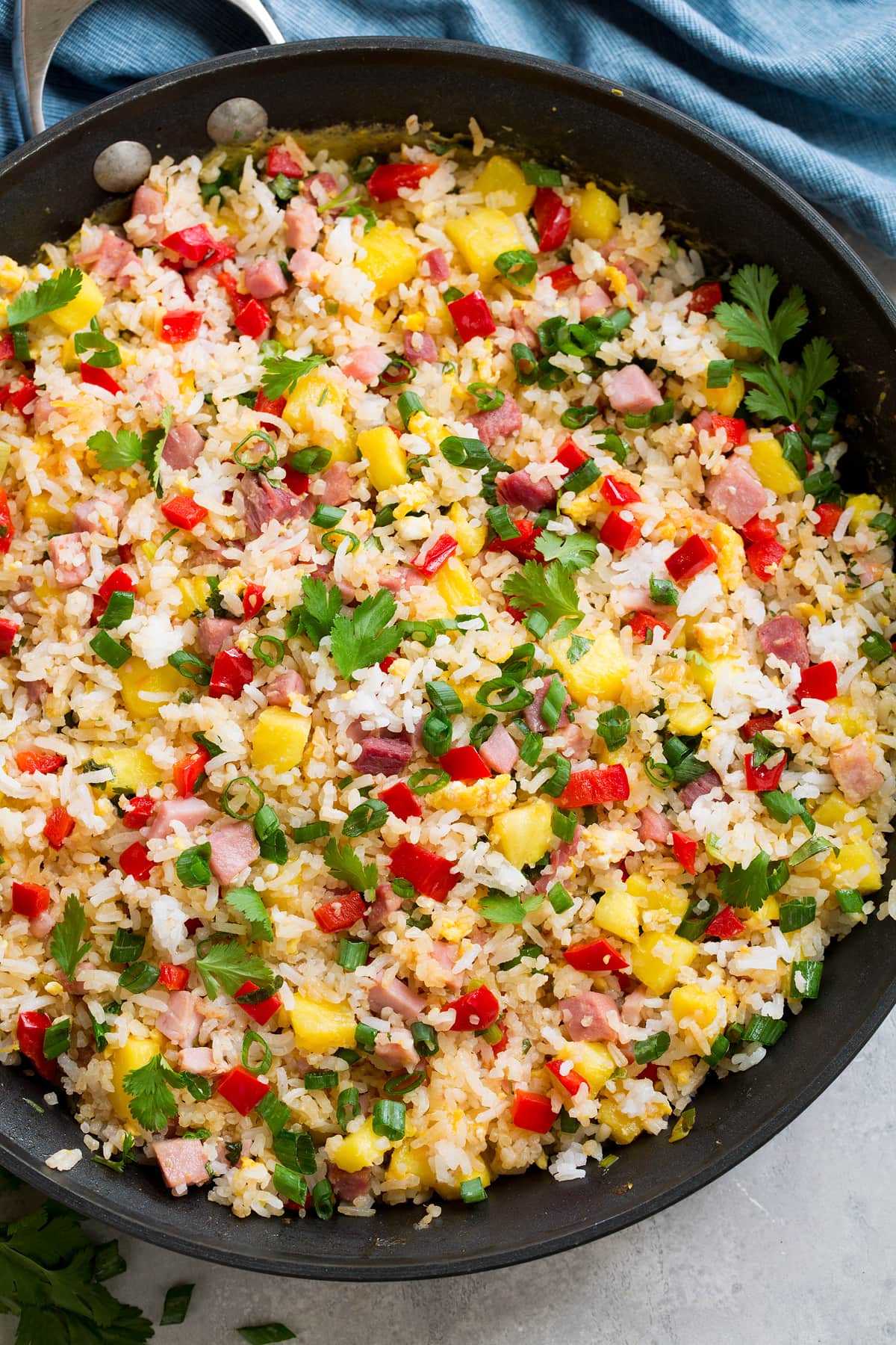 Hawaiian fried rice in a skillet.