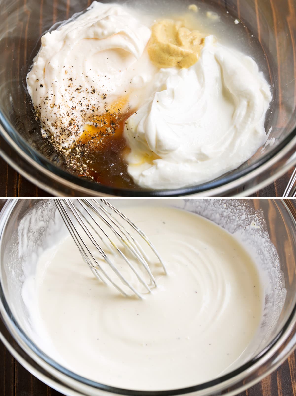 Collage image of macaroni salad dressing in a mixing bowl shown before and after mixing.
