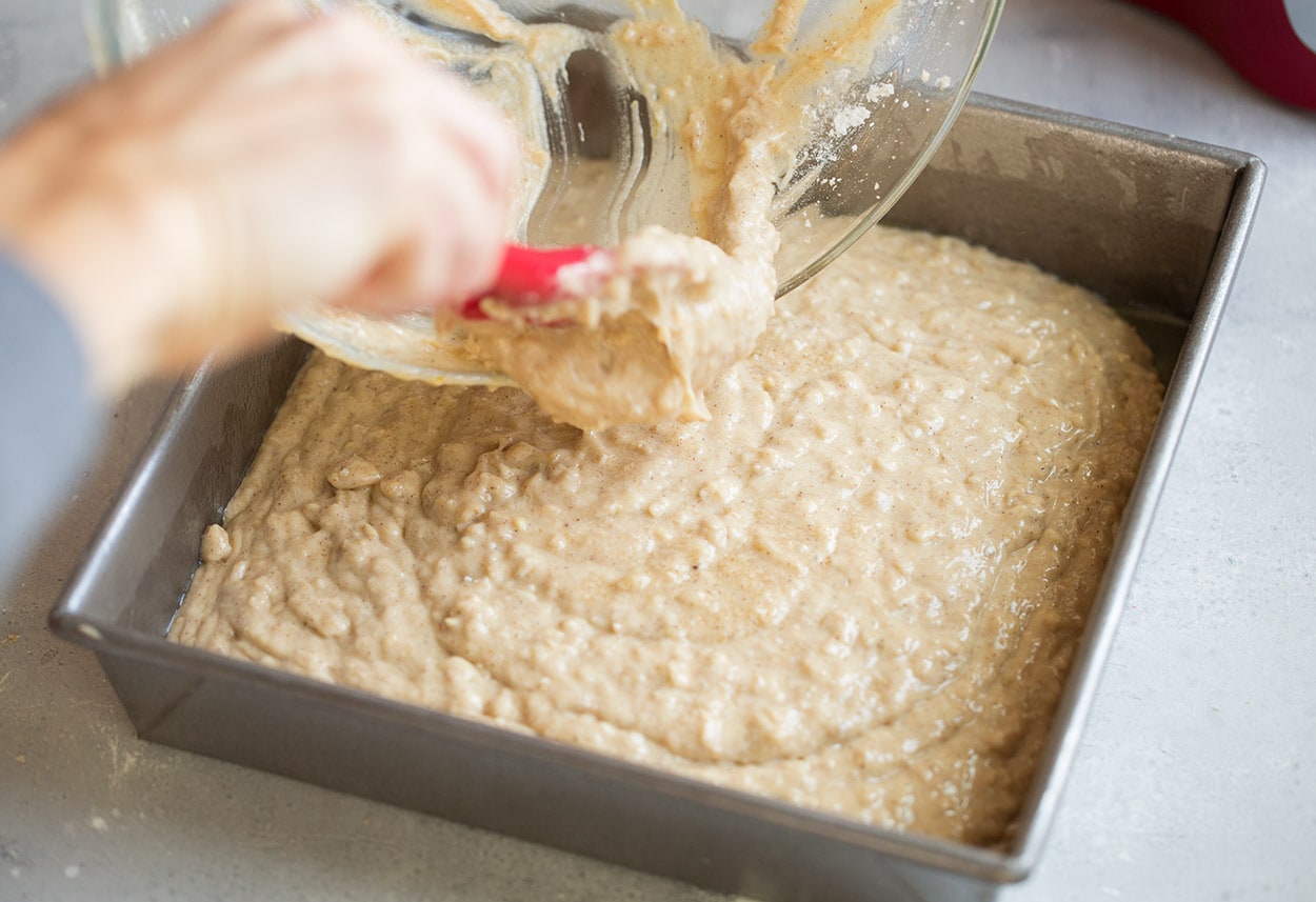 pour into prepared pan and bake