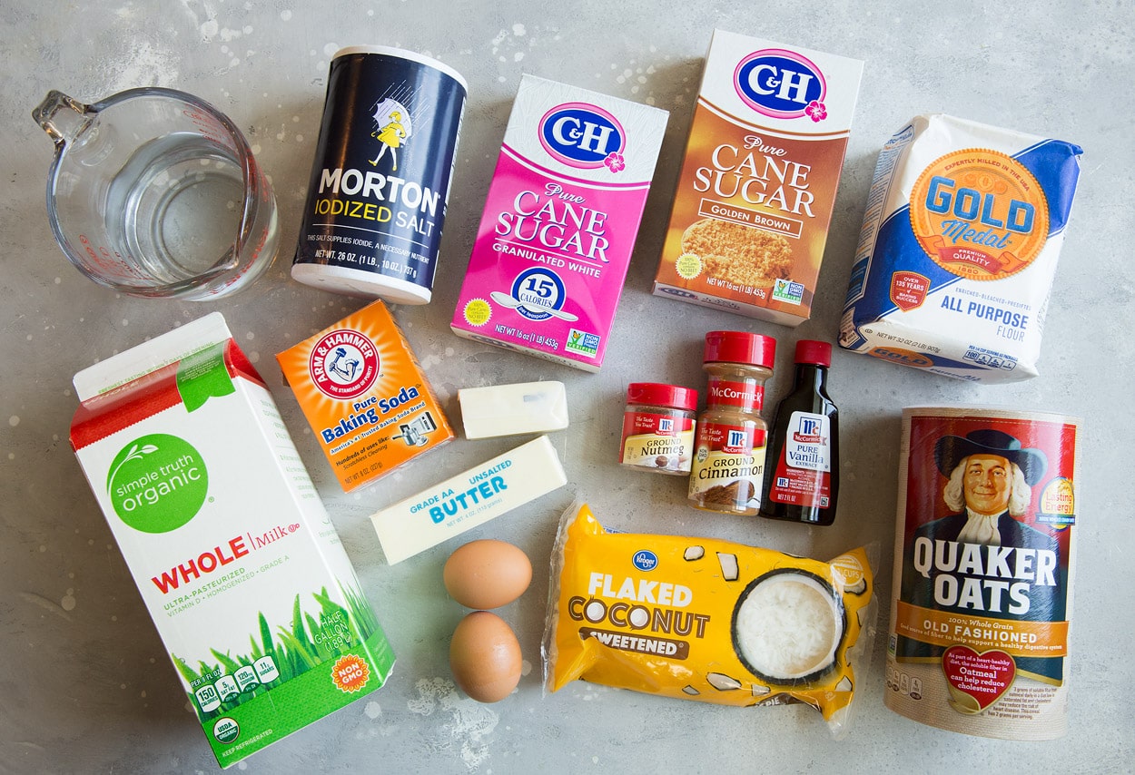Ingredients for Oatmeal Cake milk water baking soda salt butter eggs granulated sugar brown sugar coconut cinnamon nutmeg vanilla coconut flour oats