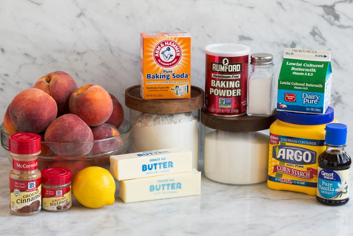 Ingredients needed to make peach cobbler shown here.