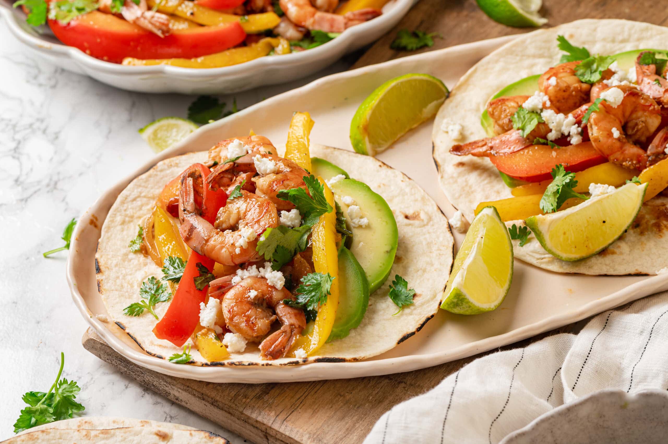 Assembled shrimp fajitas.
