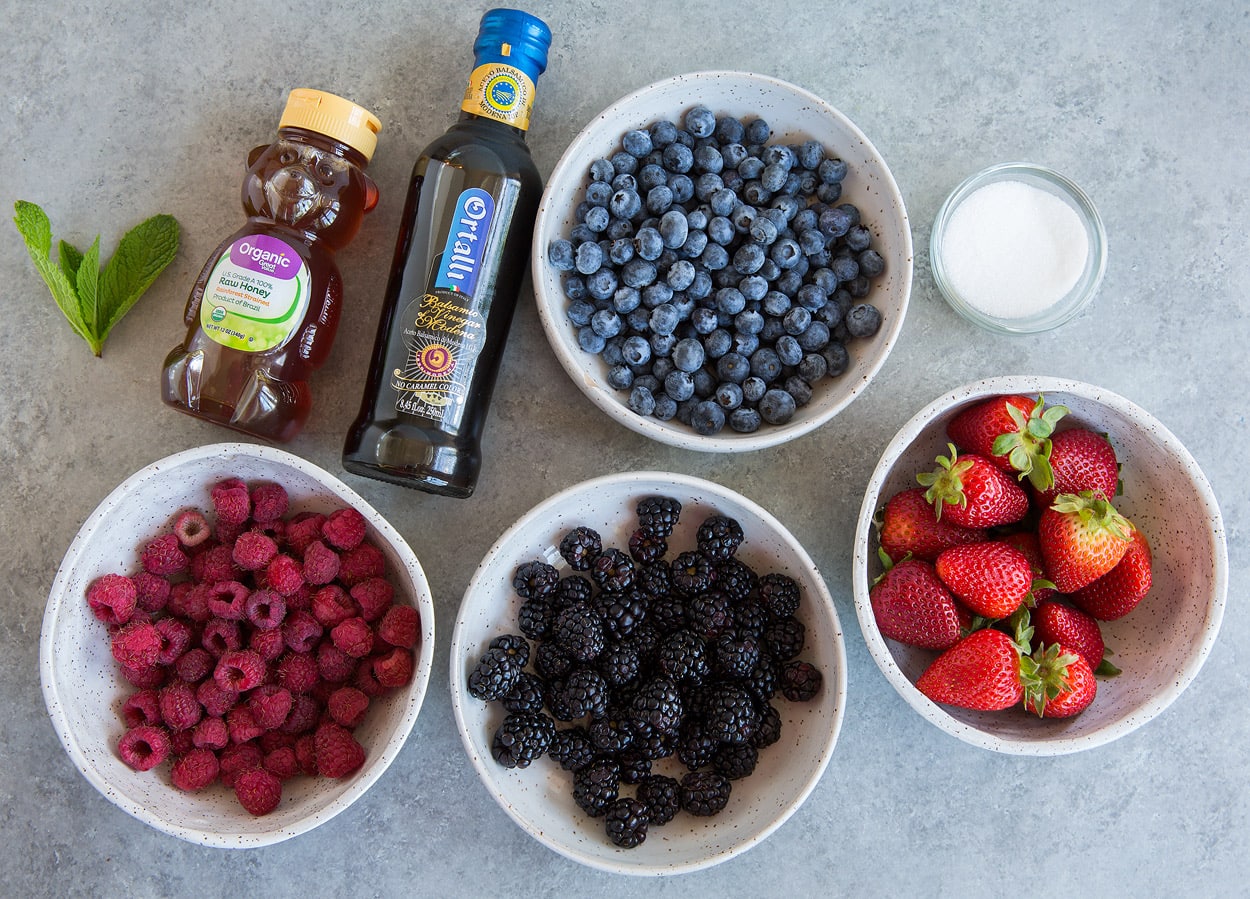 Honey Balsamic Berry Fruit Salad ingredients blueberries strawberries raspberries blackberries balsamic vinegar honey sugar