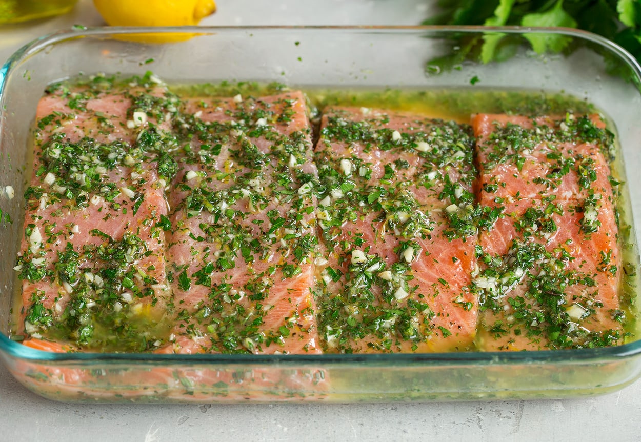 salmon marinating before grilling