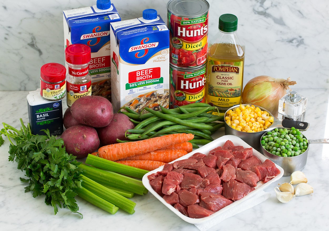 Ingredients for Vegetable Beef Soup displayed