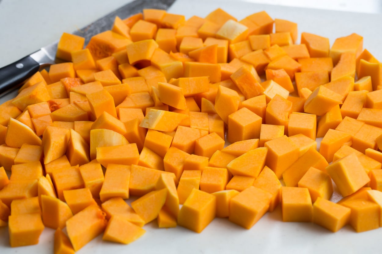 Completed chopped butternut squash in cubes.