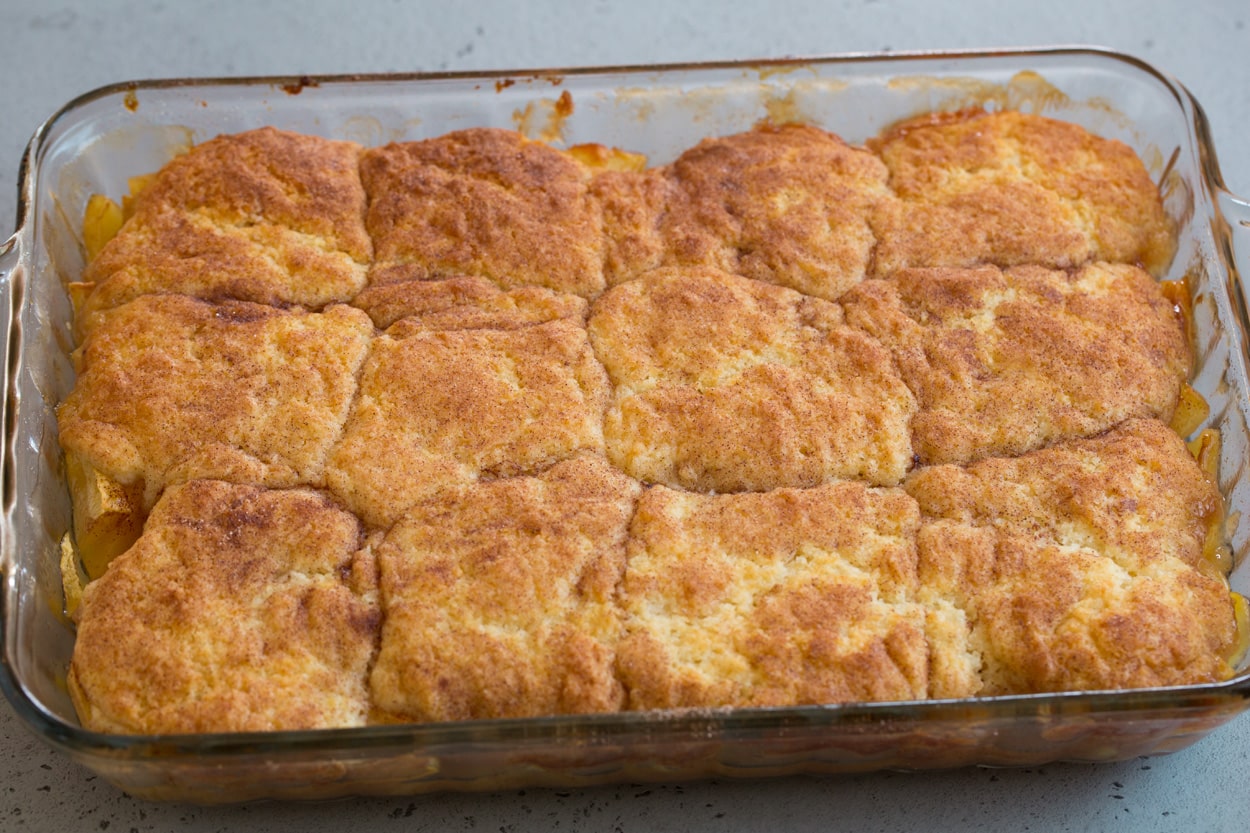 Finished apple cobbler shown here in baking dish