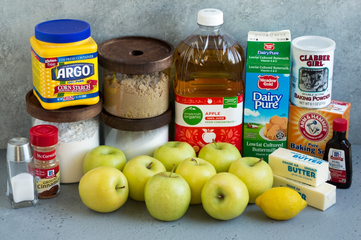 Apple Cobbler ingredients shown here flour apples sugar brown sugar cornstarch apple juice buttermilk baking soda baking powder butter lemon vanilla