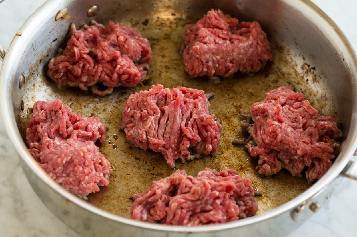 Browning ground beef in saute pan for beef stroganoff.