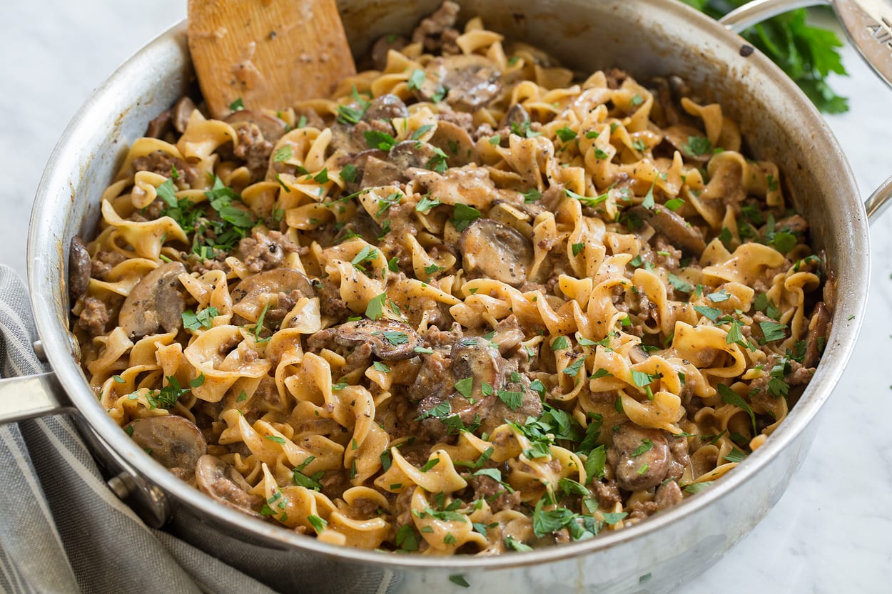 Finished beef stroganoff shown here in saute pan