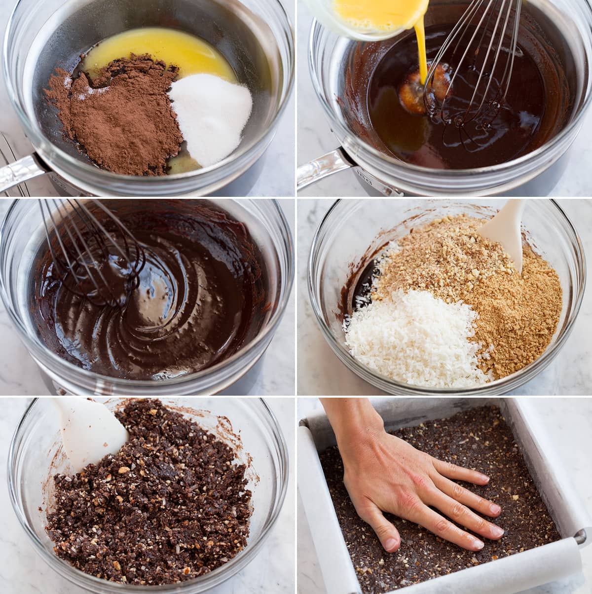 Collage of 6 images showing steps of preparing first layer of nanaimo bars. Made with cocoa, sugar, graham crackers, coconut and nuts.