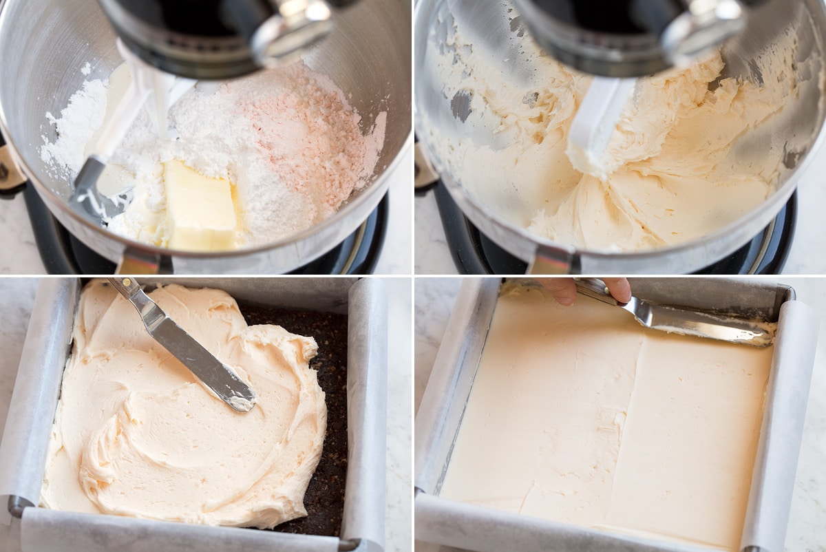 Collage of four images showing how to prepare second layer, icing custard flavored layer of Nanaimo bars. Mixing butter, custard powder, cream and powdered sugar in a mixer then spreading over first layer.