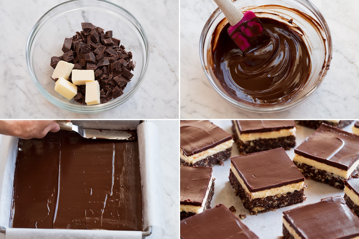Collage of four images showing how to make third layer of Nanaimo bars. Shows melting chocolate and butter and spreading over Nanaimo bars.