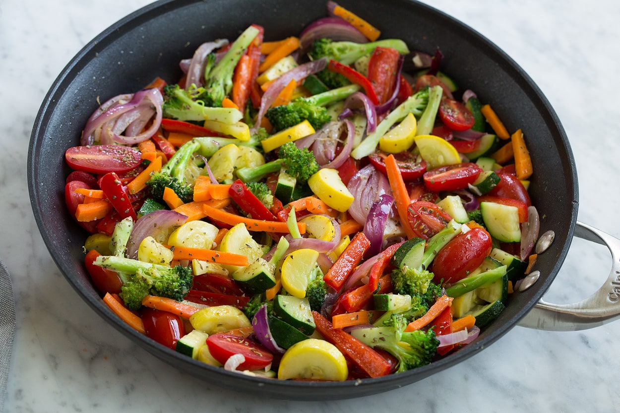 Pasta primavera vegetables shown here in skillet