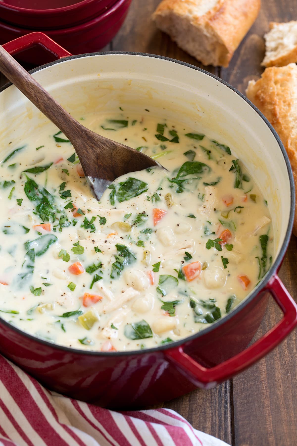 Pot full of chicken gnocchi soup.