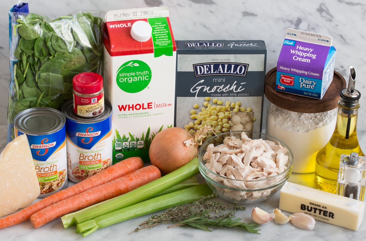 Ingredients needed to make chicken gnocchi soup shown here.