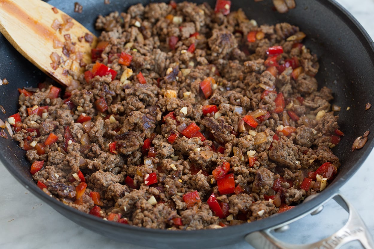Showing beef after browining in skillet.