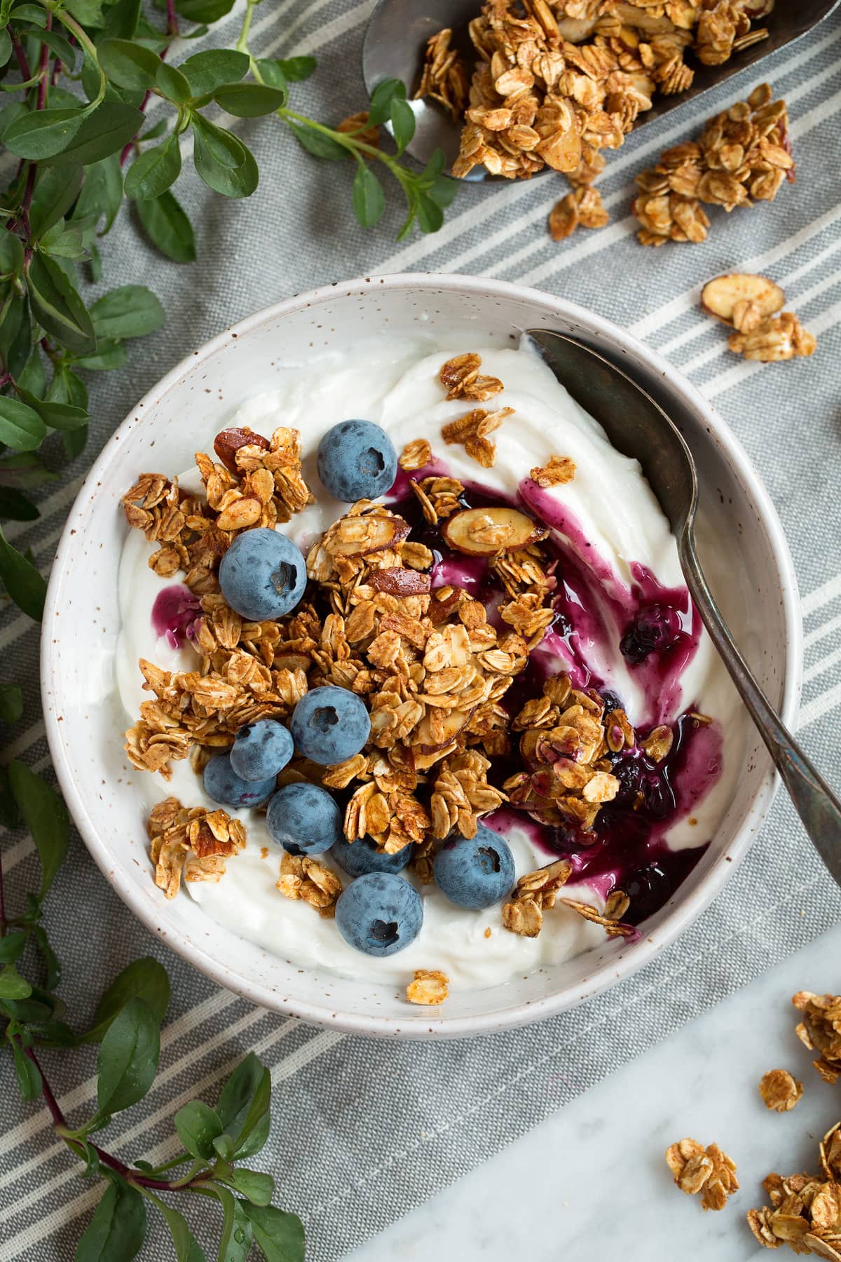 Granola served over yogurt with blueberry sauce in a serving bowl.