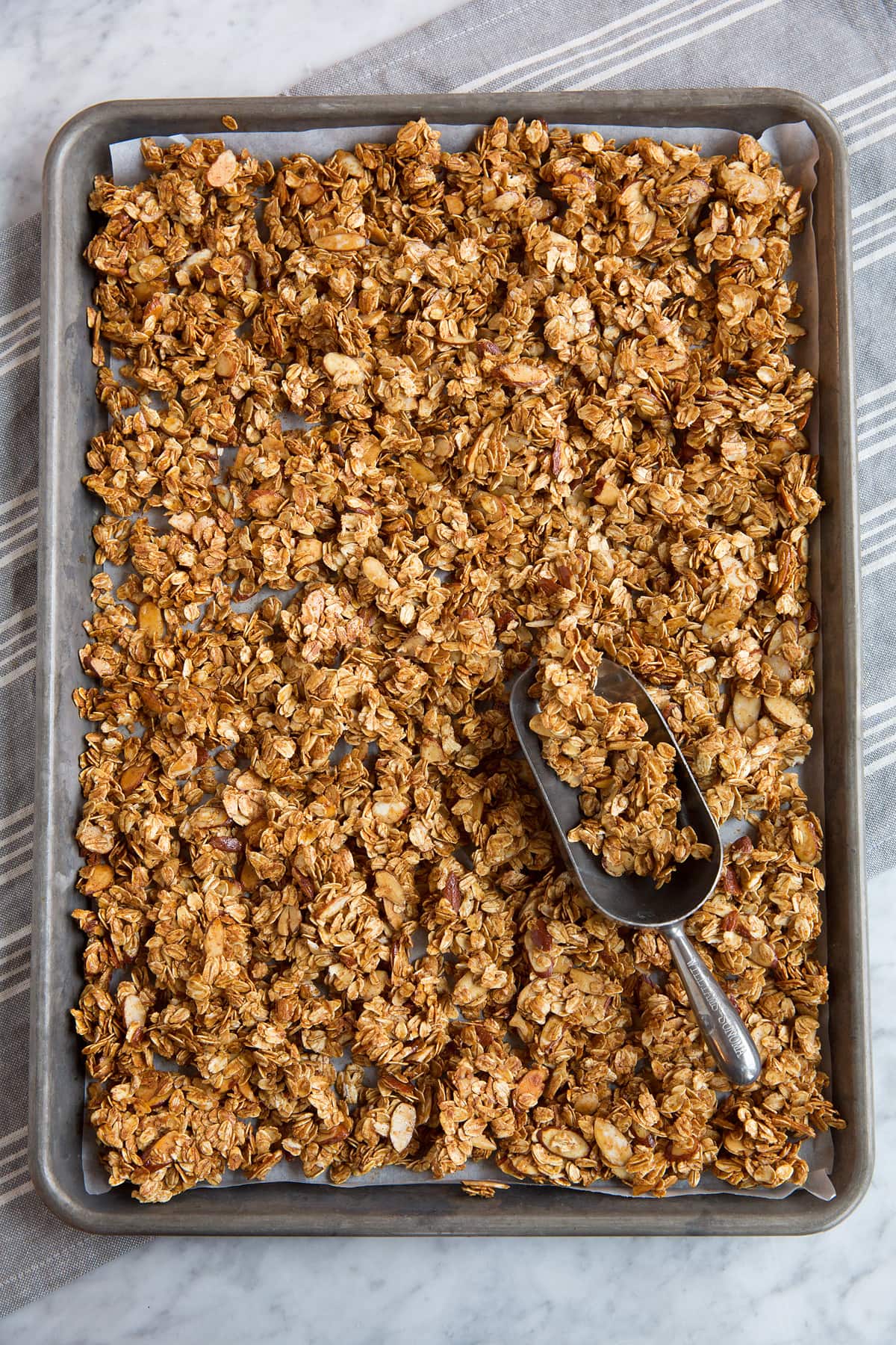 Granola on baking sheet after baking.