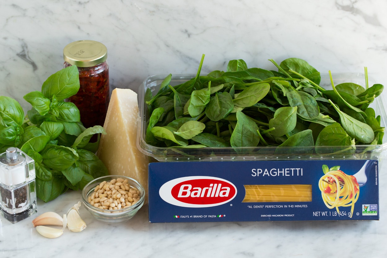 sun dried tomato pasta ingredients on marble countertop