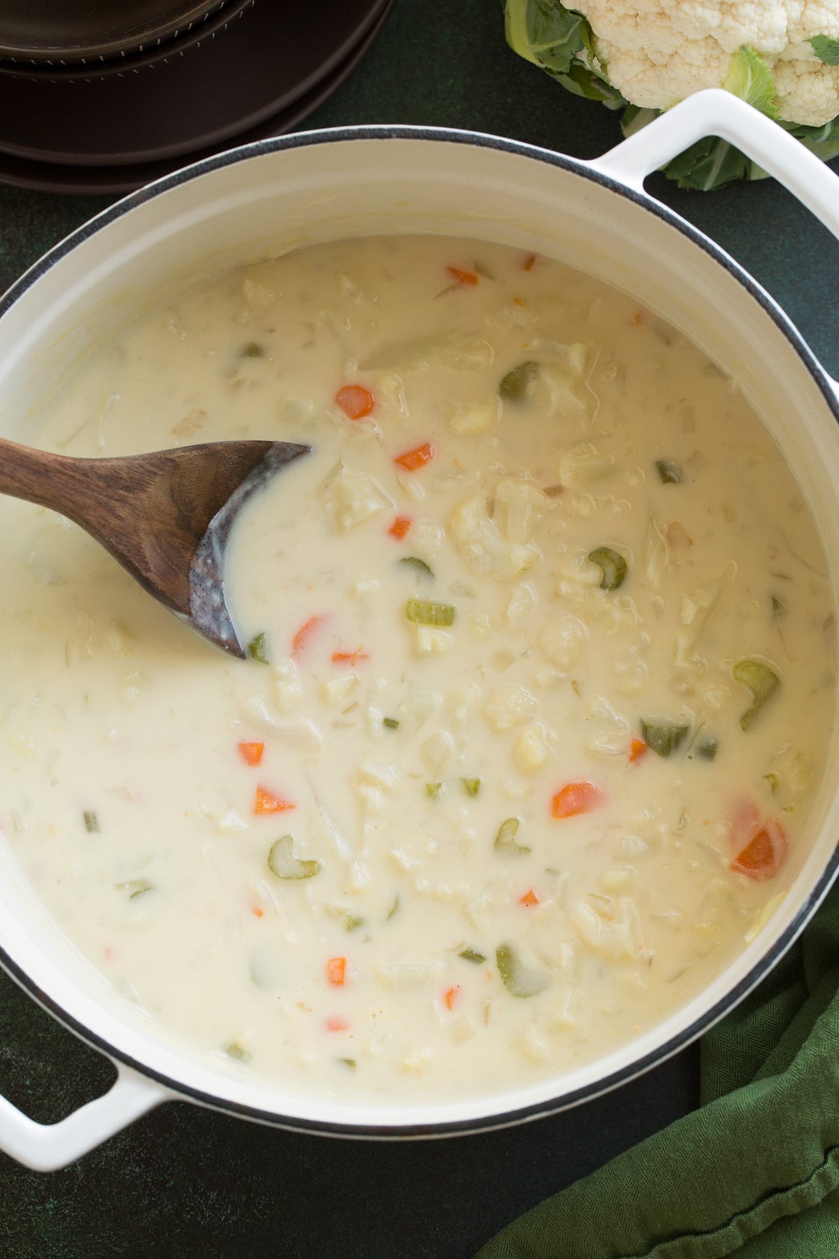 Overhead image of pot full of Cauliflower Soup