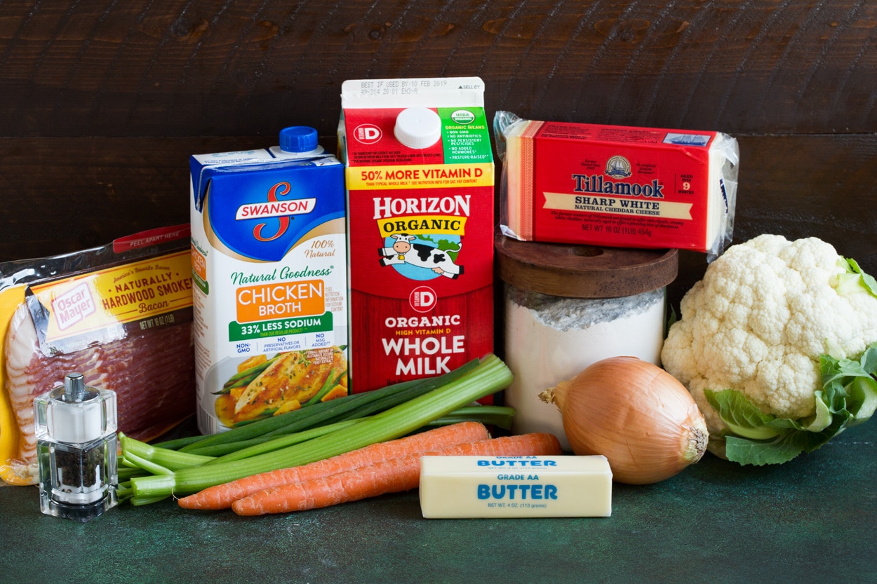Ingredients needed for cauliflower soup shown here.