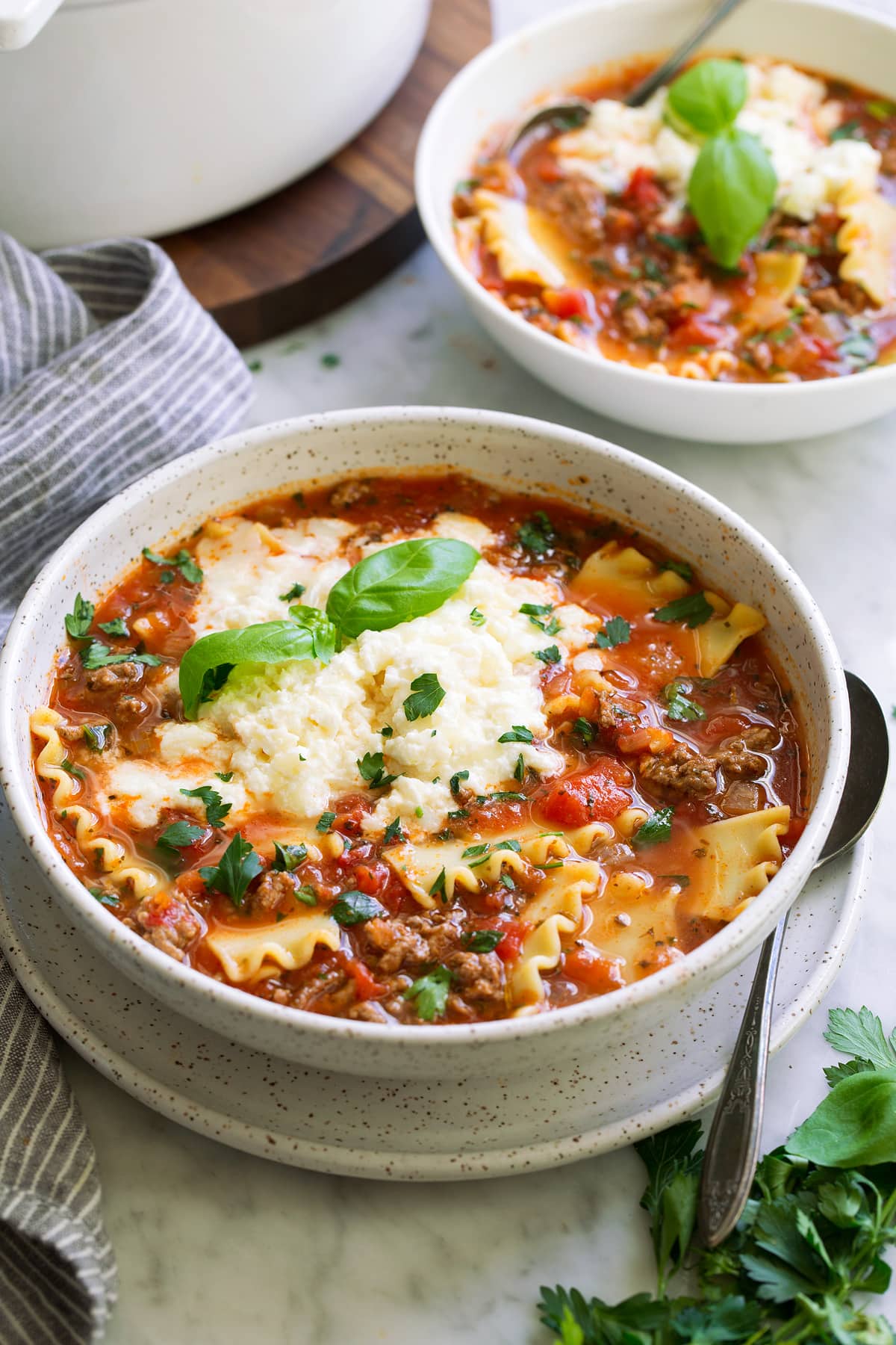 Two individual servings of lasagna soup.
