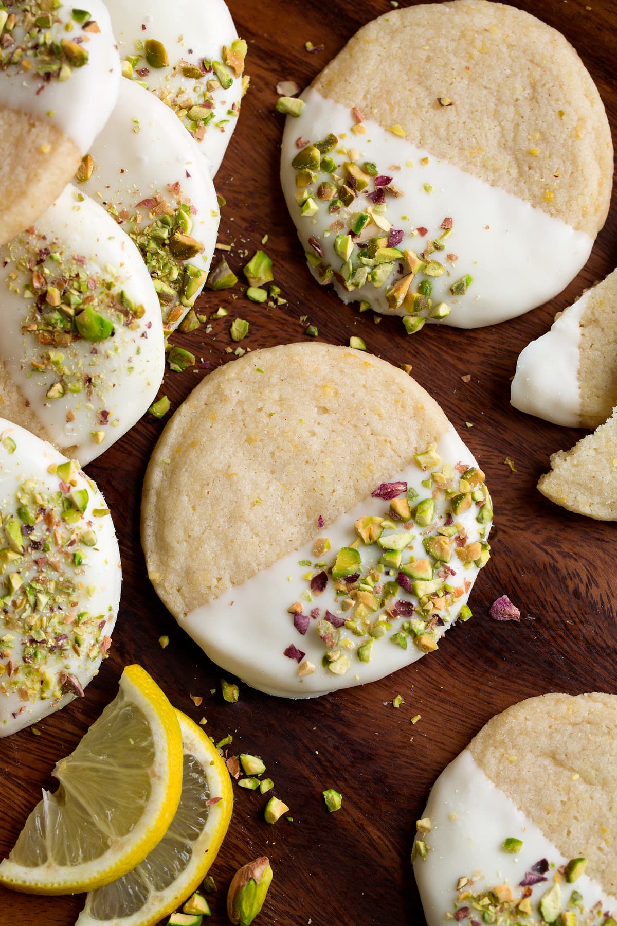 Lemon Shortbread Cookies Dipped in White Chocolate close up image.