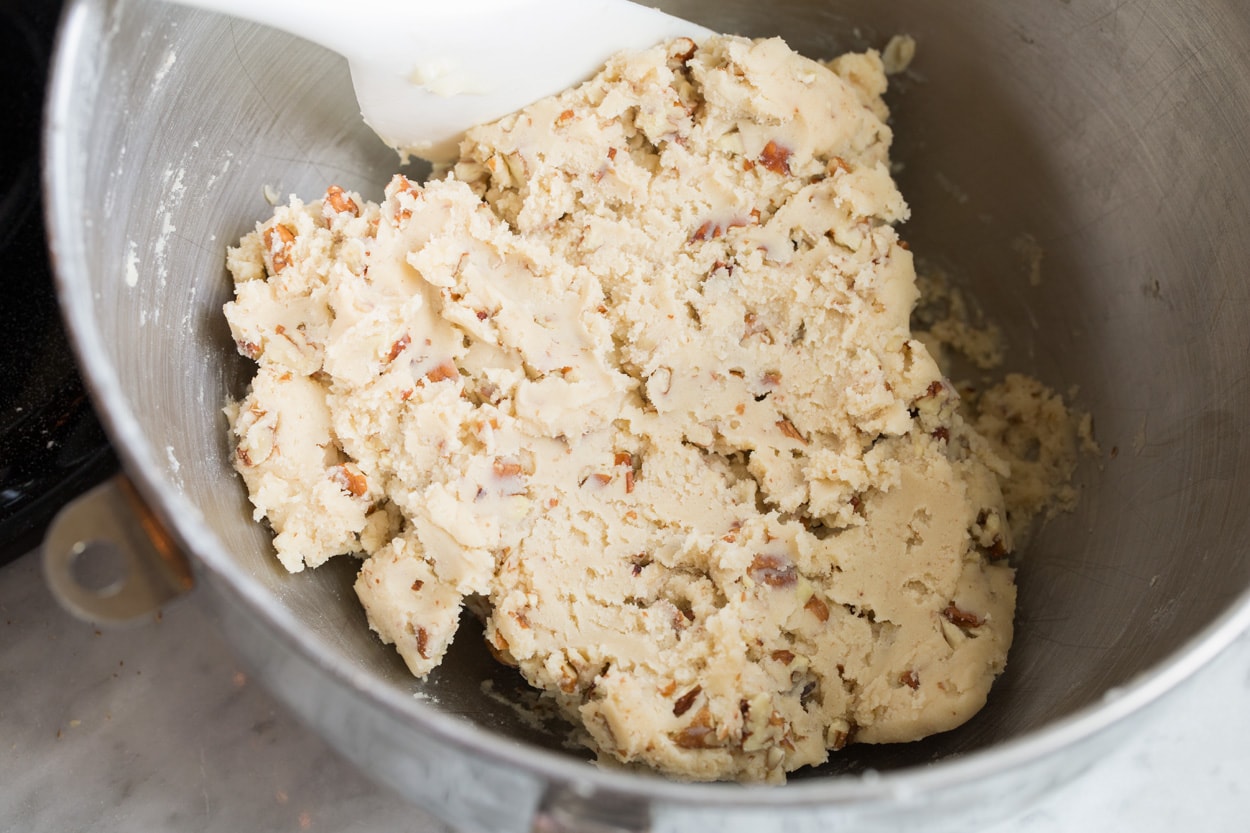 Finished Mexican Wedding Cookie dough in mixing bowl.