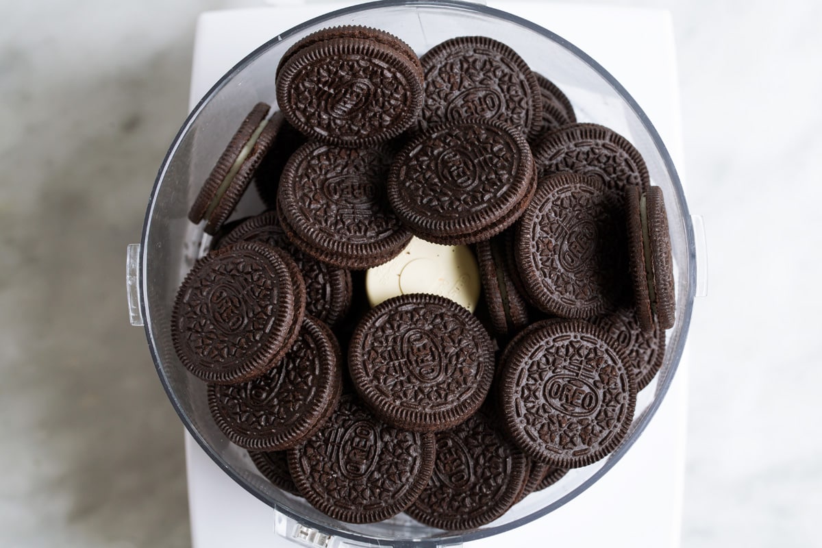Overhead image of oreos in a food processor.