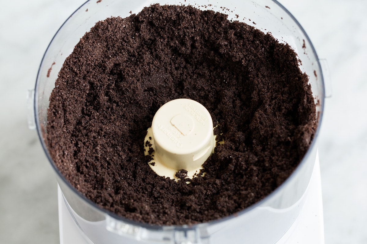 Finely ground Oreo crumbs in a food processor.