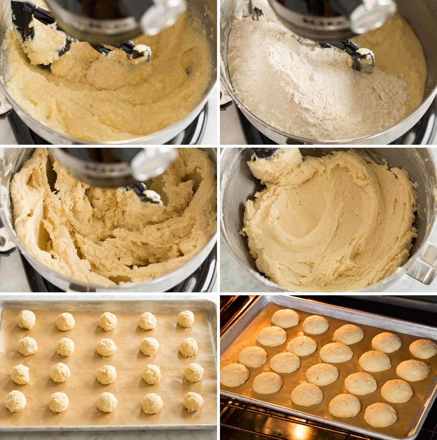 Ricotta Cookies Six photos showing how to finish and shape ricotta cookie dough on baking sheet.
