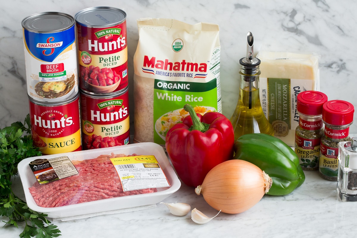 Ingredients shown here that are needed to make stuffed pepper soup.